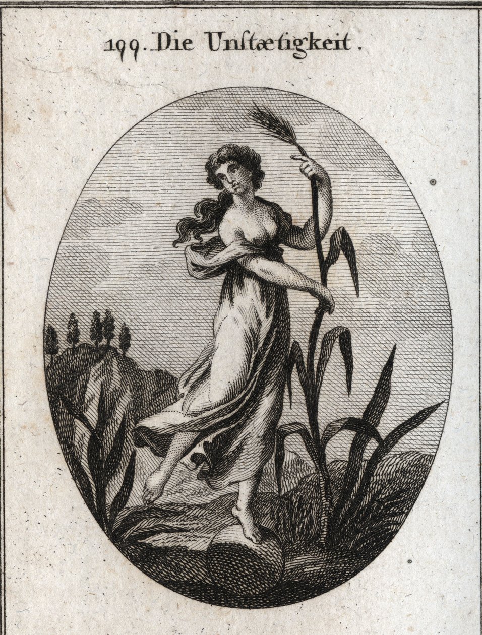 Allegorie van instabiliteit door de wind. Ze leunt met beide handen op een fragiele rietstengel en staat met slechts één voet op een bal. Gravure in 