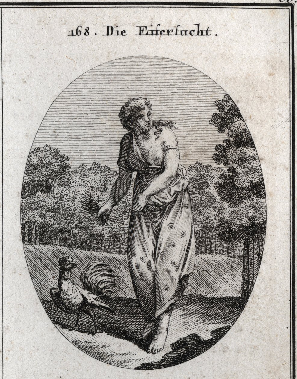 Allegorie van jaloezie die het oor aan de ene kant strekt en kijkt wat er aan de andere kant gebeurt. Haar jurk is bezaaid met ogen en oren en het boeket van doornen dat ze vasthoudt betekent dat haar kwelling vrijwillig is. De haan, jaloers en waakzaam, i door Austrian School