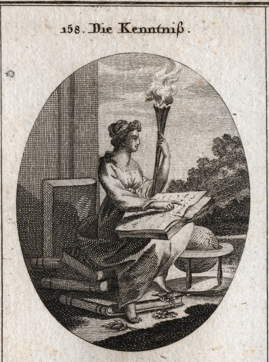 Allegorie van kennis gebaseerd op verschillende volumes van auteurs met een boek open op hun knieën. De fakkel verwijst naar het licht dat het in zielen verspreidt. Gravure in 