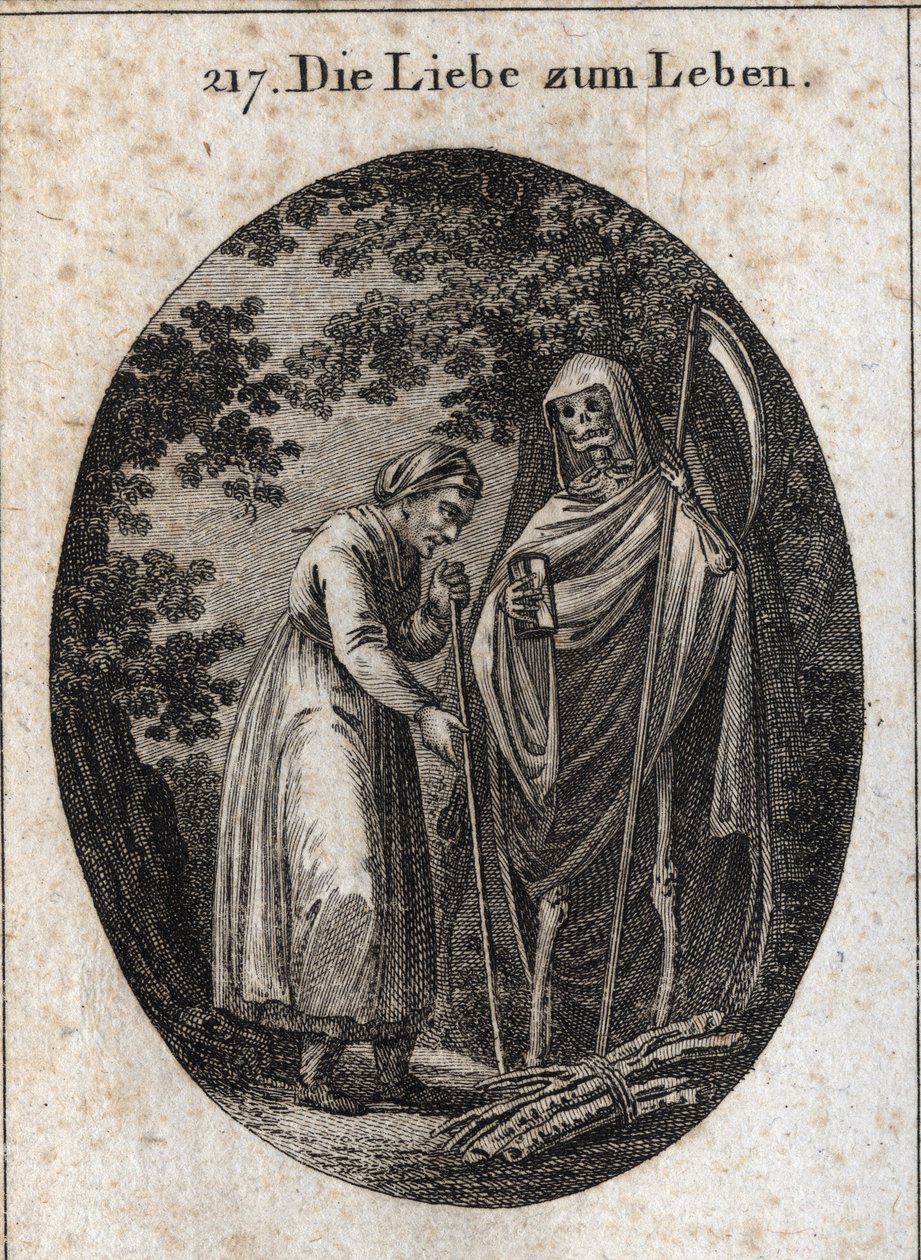 Allegorie van liefde voor het leven. Een oude vrouw roept de dood om haar te helpen haar houten klompen op haar hoofd te zetten. Gravure in "Iconologie oder Ideen aus dem Gebiete der Leidenschaften und Allegorien bildich dargestellt fur Zeichner, Mahler, D door Austrian School