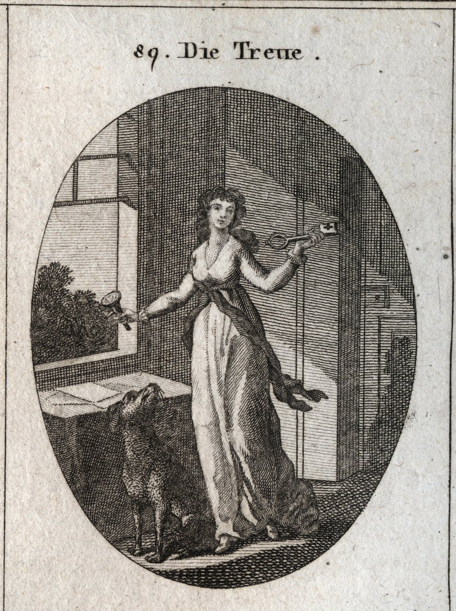 Allegorie van loyaliteit waarvan de symbolen de sleutel, het zegel en de hond zijn. Gravure in 