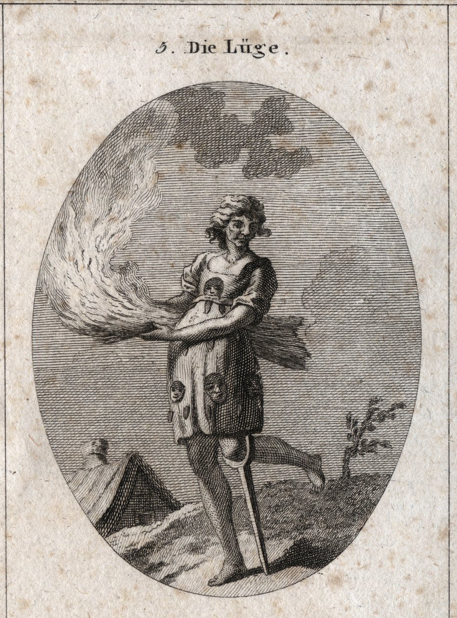 Allegorie van leugen voorgesteld door een lelijke vrouw met slecht haar en slechte kleding. Haar kleding is gevuld met tongen en maskers. Het brandende stro illustreert het gebrek aan substantie van haar woorden en het houten been, de geringe soliditeit. G door Austrian School