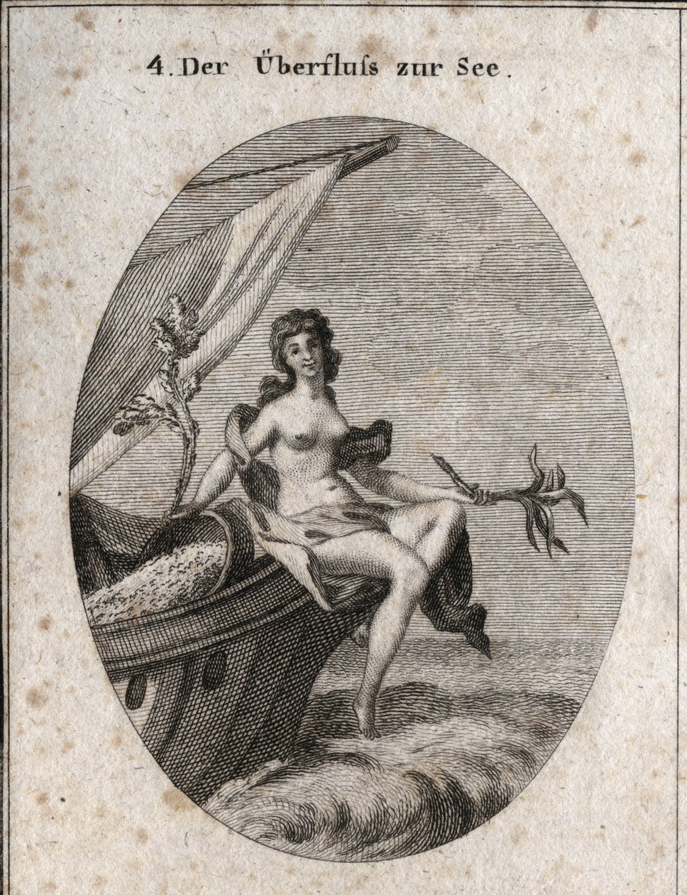 Allegorie van maritieme overvloed voorgesteld door Ceres zittend op de boeg van een schip. Ze houdt een boeket hennep vast, een tak van knie waarop zijderupscocons zijn bevestigd. Ze leunt op graankorrels die terug in de boot hangen. Gravure in 