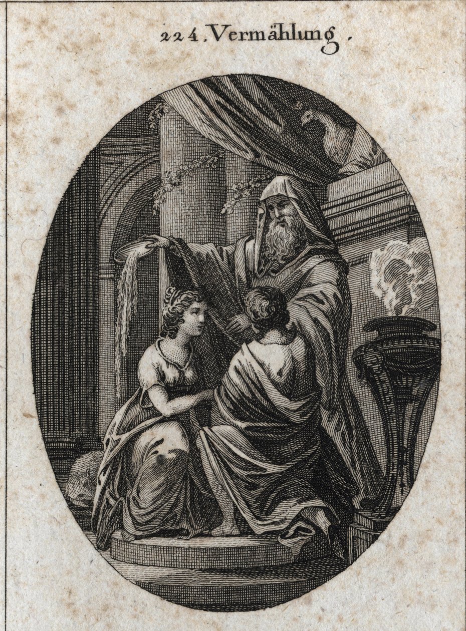Allegorie van het huwelijk: de priester gooit de gal van de dieren achter het altaar om te laten zien dat er geen bitterheid is bij het huwelijk. Gravure in "Iconologie oder Ideen aus dem Gebiete der Leidenschaften und Allegorien bildich dargestellt fur Ze door Austrian School