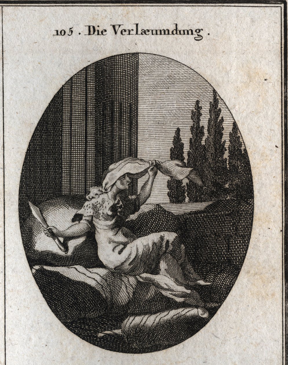 Allegorie van kwaadsprekerij. Gravure in "Iconologie oder Ideen aus dem Gebiete der Leidenschaften und Allegorien bildich dargestellt fur Zeichner, Mahler" door Austrian School