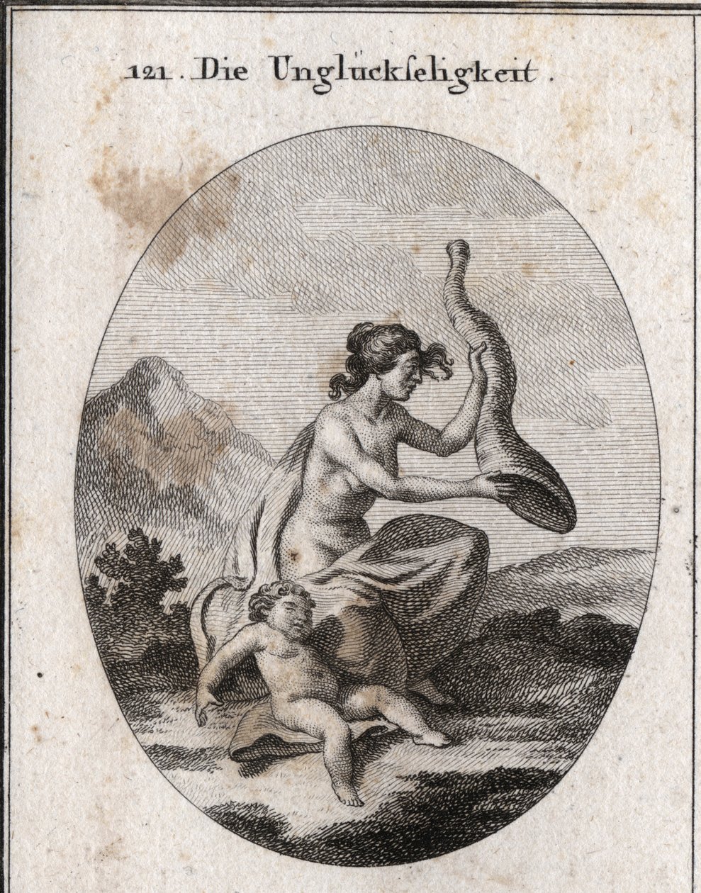 Allegorie van ongeluk weergegeven mager en uitgebreid. Haar attributen zijn een hoorn van overvloed die ze schudt en leeg is, en een kind dat sterft van de honger. Gravure in 