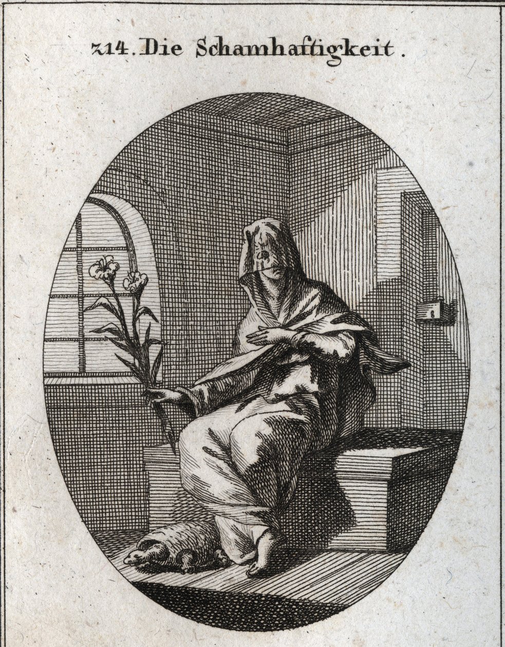 Allegorie van bescheidenheid. Haar symbool is een tak van lelies en een schildpad die betekent dat bescheiden vrouwen uit hun huizen moeten worden verwijderd. Haar gezicht is bedekt met een sluier. Gravure in 