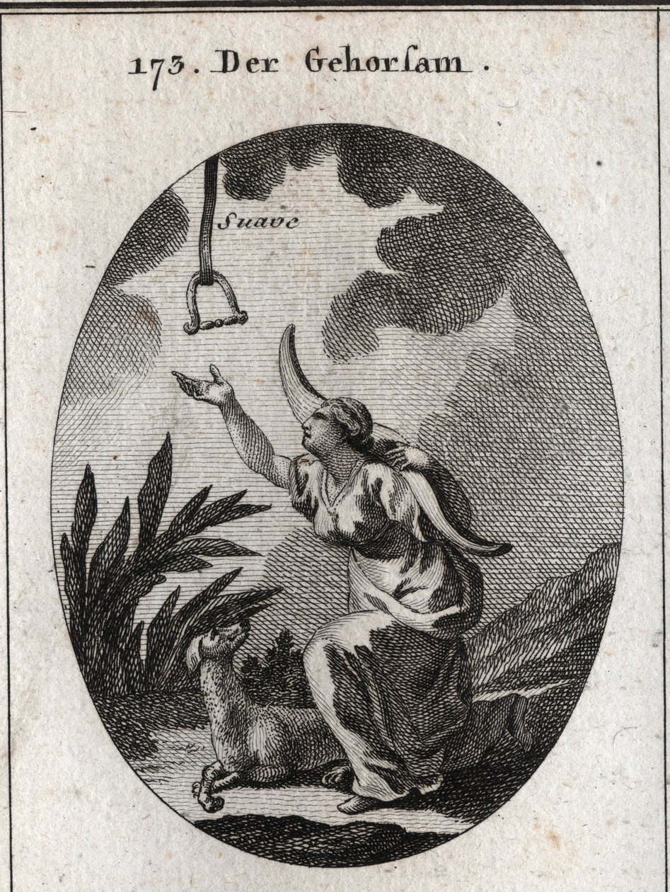 Allegorie van gehoorzaamheid. Ze houdt een juk op haar schouders en beweegt zich naar voren om een rem te ontvangen die uit de open hemel neerdaalt waarin het woord 