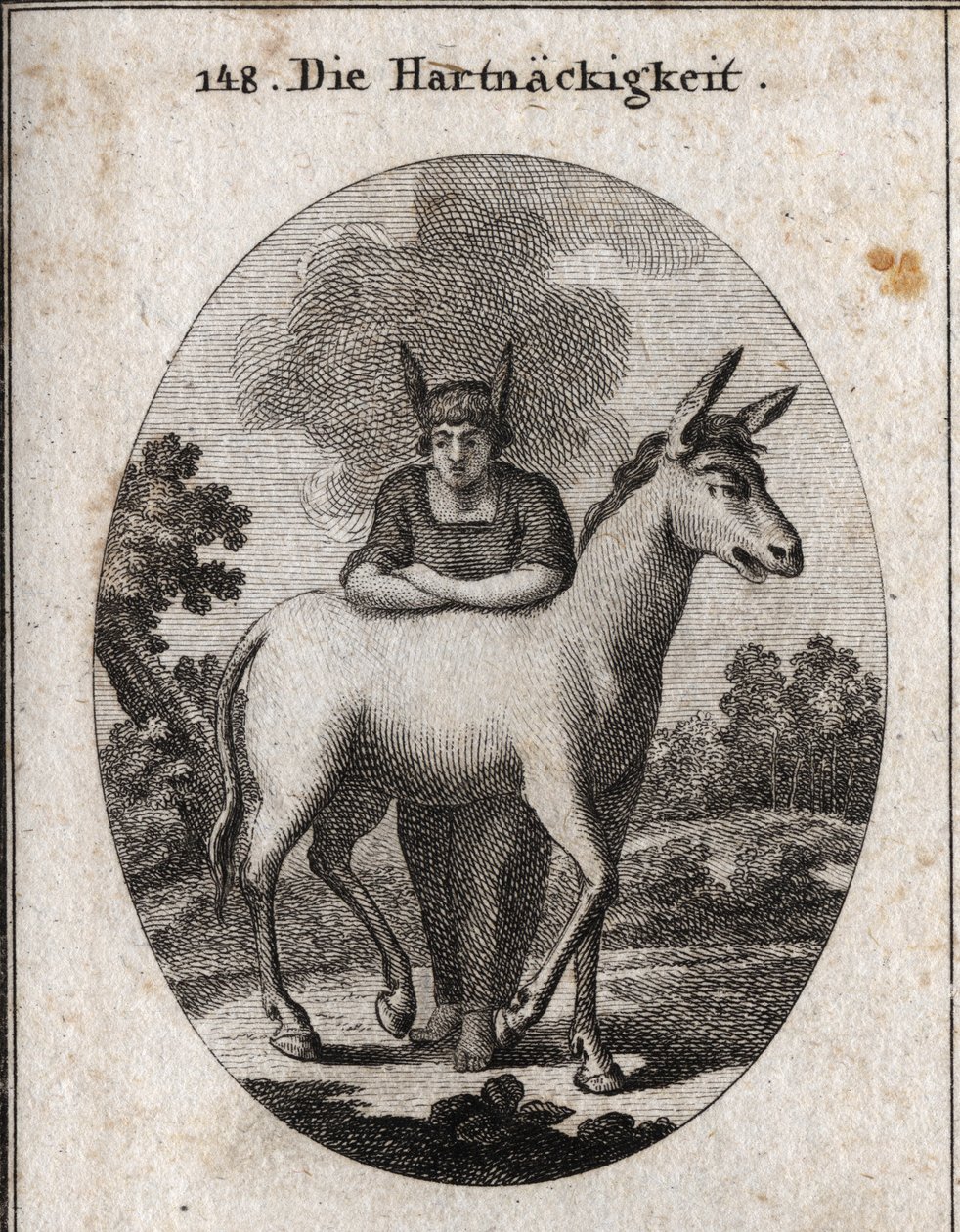 Allegorie van koppigheid leunend op een muilezel. De ezelsoren op zijn hoofd zijn het embleem van onwetendheid en koppigheid. De stoom rond zijn hoofd betekent dat zijn intelligentie donker is. Gravure in 
