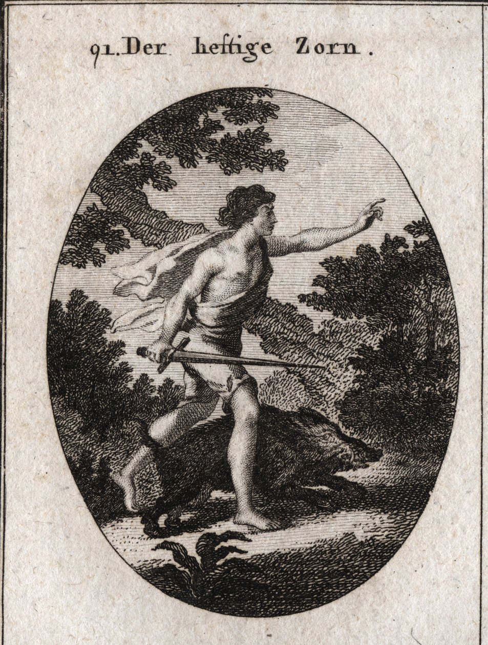 Allegorie van passie of onstuimigheid voorgesteld door een tiener met een zwaard om aan te geven dat hij de woede volgt. Zijn attribuut is een irriterend everzwijn, een dier dat altijd vecht zonder rekening te houden met het gevaar. Gravure in 