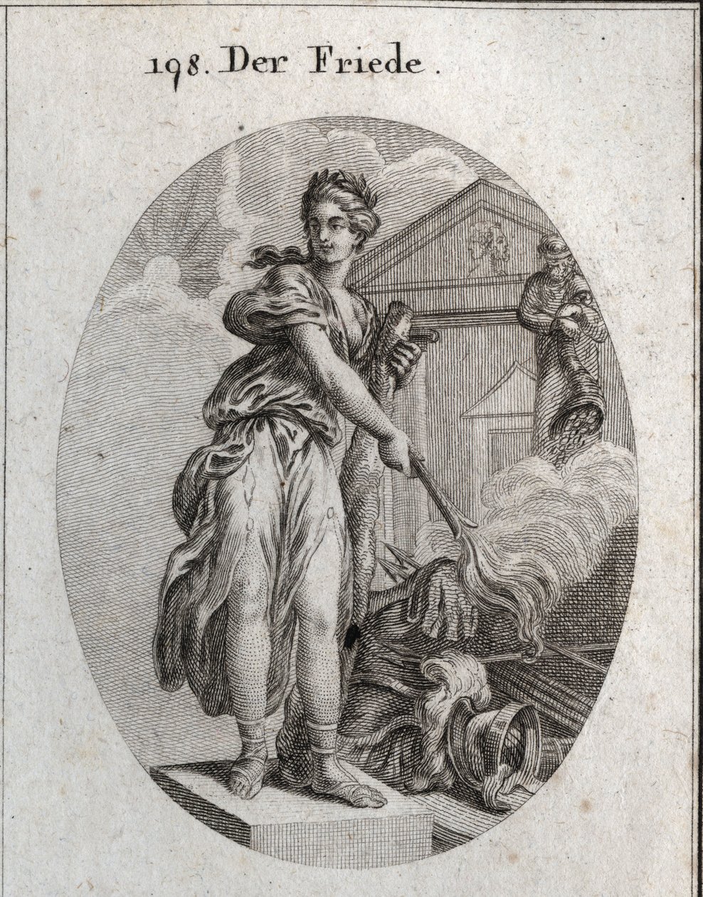Allegorie van vrede. Ze draagt een krans van olijfbomen en houdt een knuppel vast terwijl ze met een fakkel een trofee van wapens verbrandt. Daarachter betekent het standbeeld van Plutus dat overvloed en rijkdom haar voordelen zijn. Gravure in "Iconologie  door Austrian School