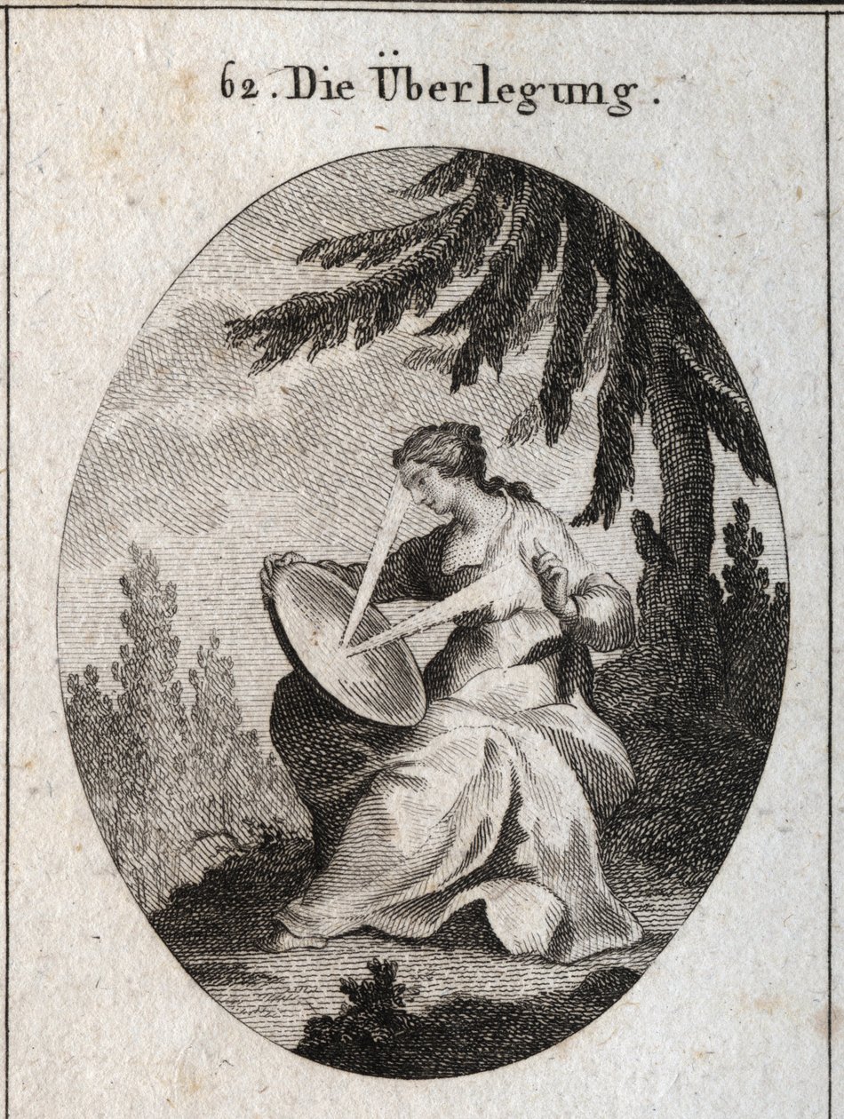 Allegorie van reflectie. Gravure in "Iconologie oder Ideen aus dem Gebiete der Leidenschaften und Allegorien bildich dargestellt fur Zeichner, Mahler" door Austrian School