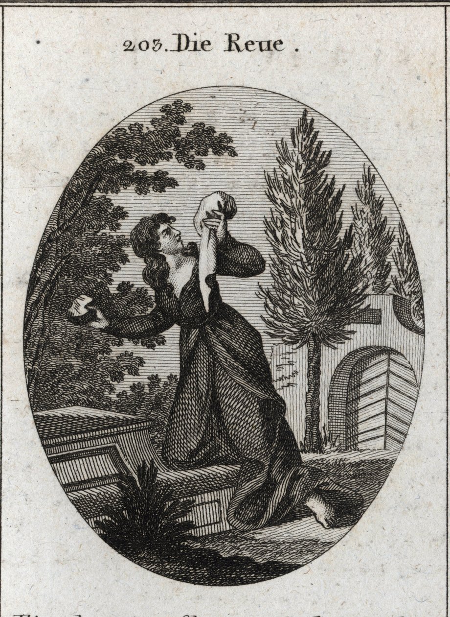 Allegorie van spijt, voorgesteld met een knie op een graf. Ze houdt in de ene hand een zakdoek en in de andere een steen waarmee ze haar borst slaat. Gravure in "Iconologie oder Ideen aus dem Gebiete der Leidenschaften und Allegorien bildich dargestellt fu door Austrian School
