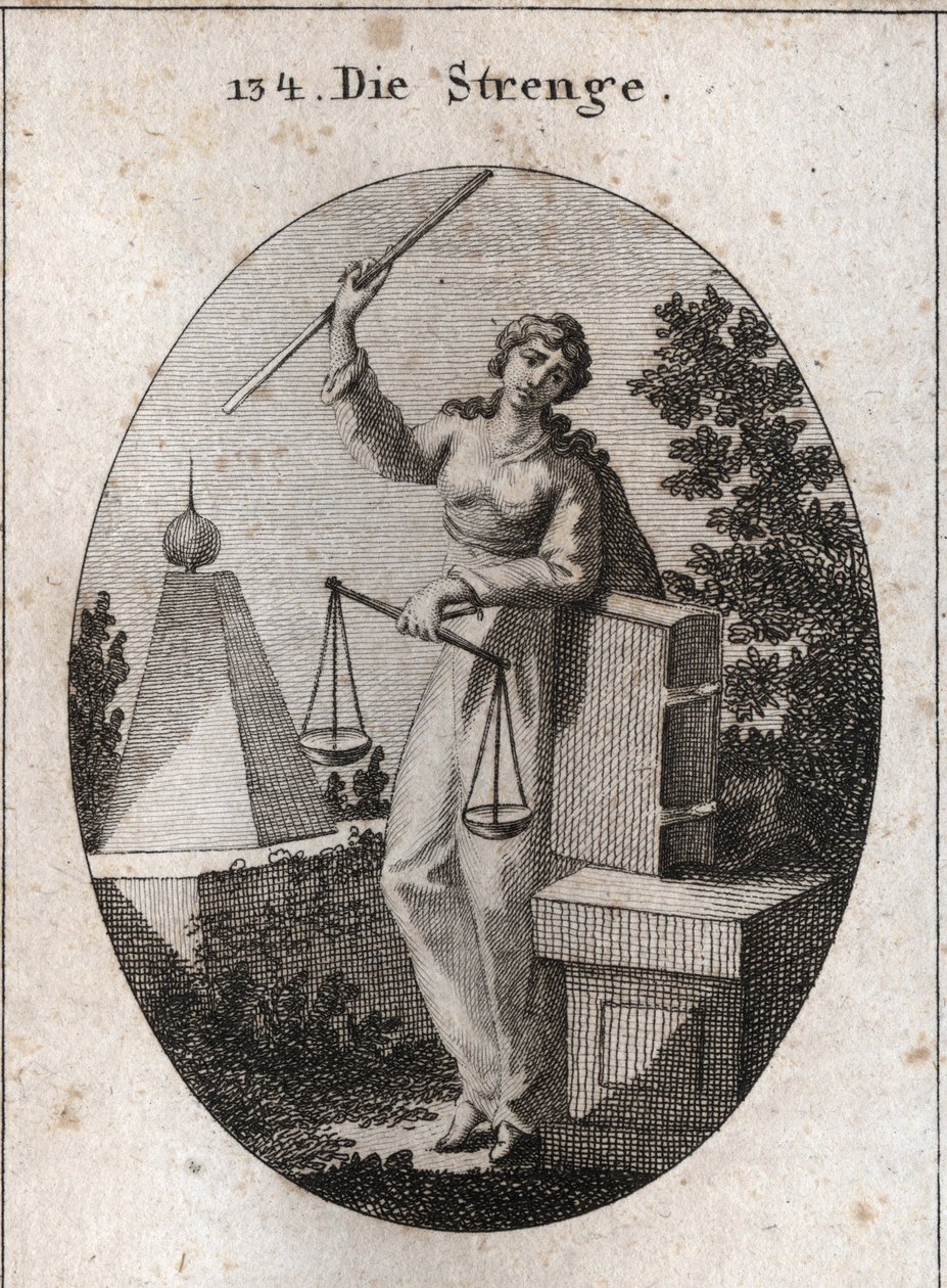 Allegorie van strengheid. Gravure in "Iconologie oder Ideen aus dem Gebiete der Leidenschaften und Allegorien bildich dargestellt fur Zeichner, Mahler" door Austrian School