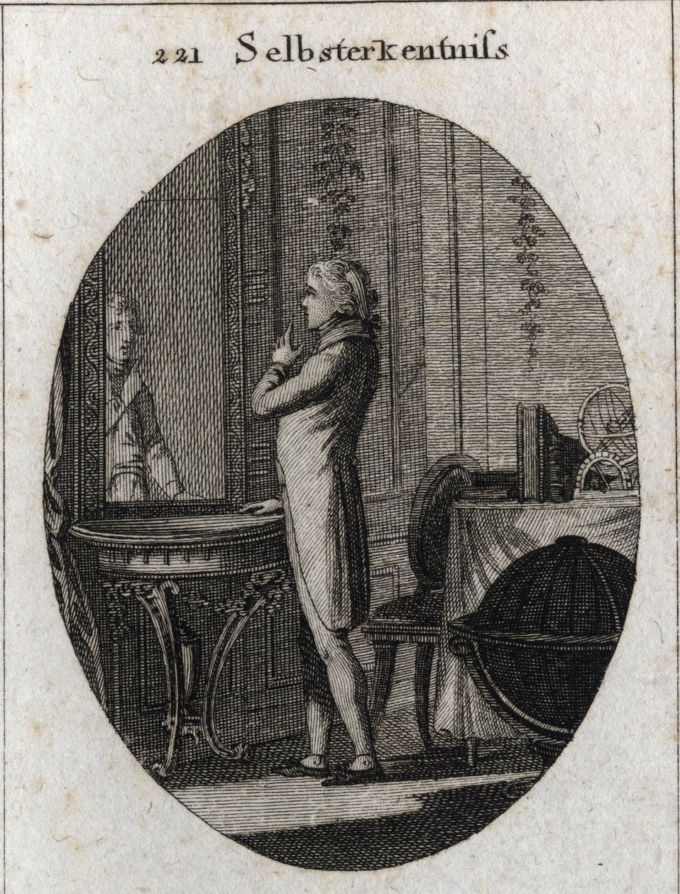 Allegorie van zelfkennis. Een jonge man kijkt in een spiegel. Gravure in 
