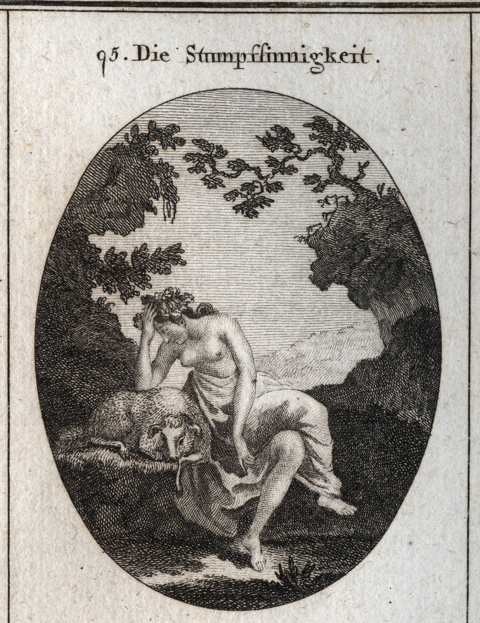 Allegorie van domheid. Het leunt op een schaap, van nature een dom dier. Gravure in 