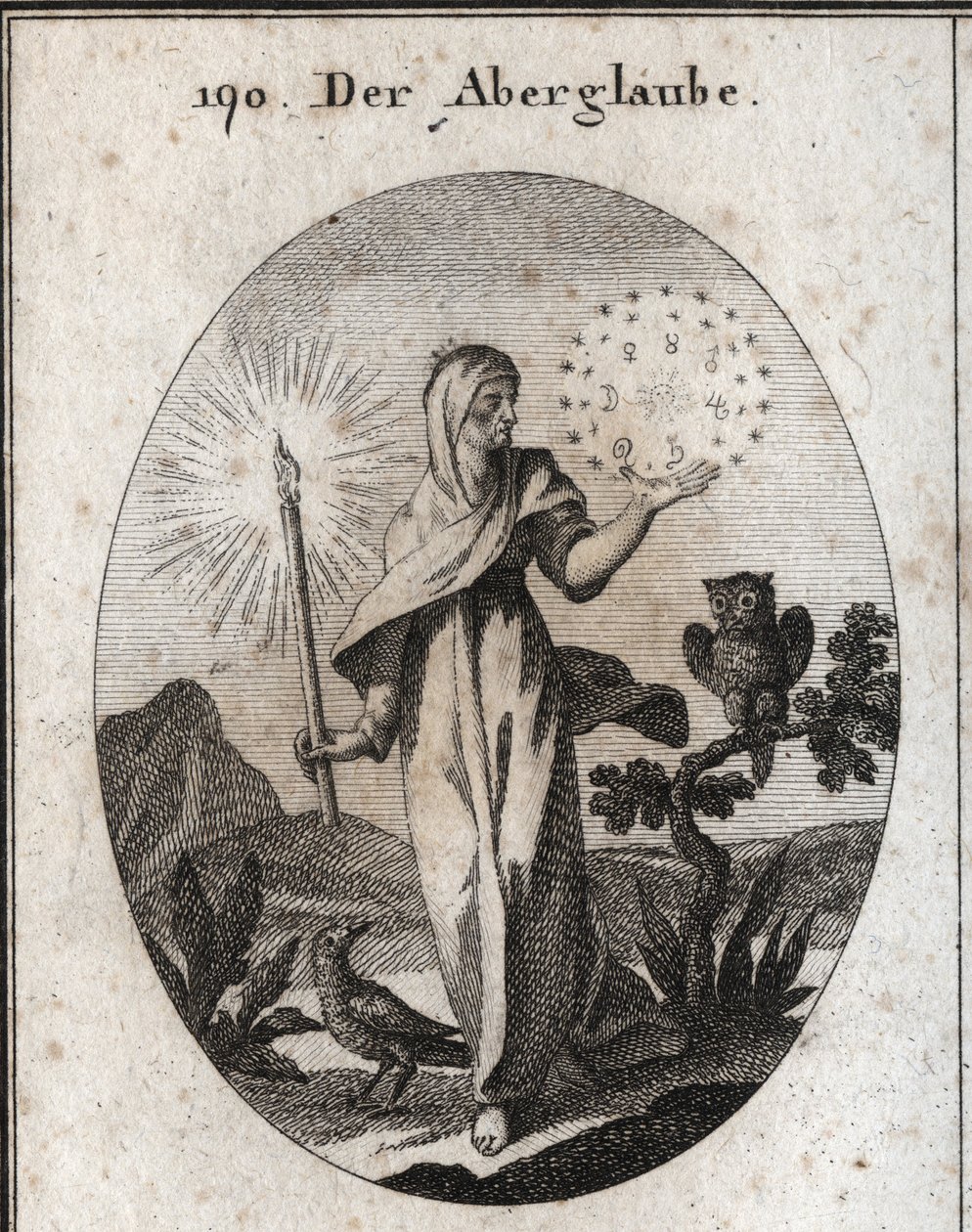 Allegorie van bijgeloof. Ze houdt een kaars vast en een cirkel van sterren die de tekens van de zeven planeten omringen die ze als angstaanjagend beschouwt. Haar attributen zijn de uil en de kraai. Gravure in 