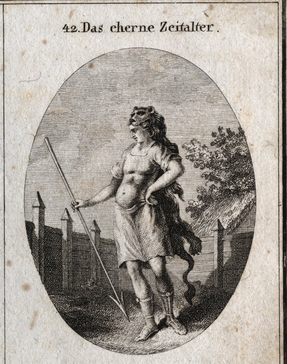 Allegorie van het Kopertijdperk afgebeeld als een schildwacht bij een hek in een trotse houding, bewapend met een borstkuras en een werpspies en een kap van een leeuwenhuid. door Austrian School