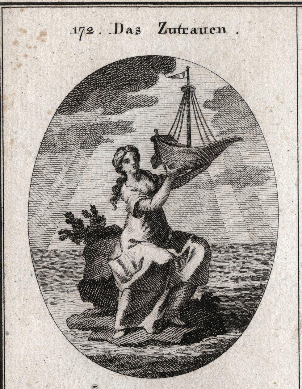 Allegorie van vertrouwen, voorgesteld door een vrouw die op een plek midden in de zee zit en in haar hand een schip vasthoudt dat ze heeft opgetild. Gravure in 