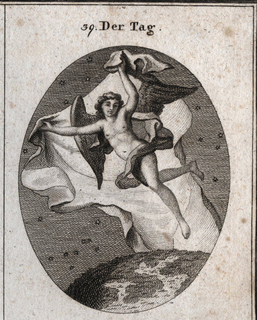 Allegorie van de dag die snel vliegt en de nacht en de sterren verbergt met een helder groot doek. Gravure in Iconologie oder Ideen aus dem Gebiete der Leidenschaften und Allegorien bildich dargestellt fur Zeichner, Mahler, Dichter, Gelehrte, Erzieher door Austrian School