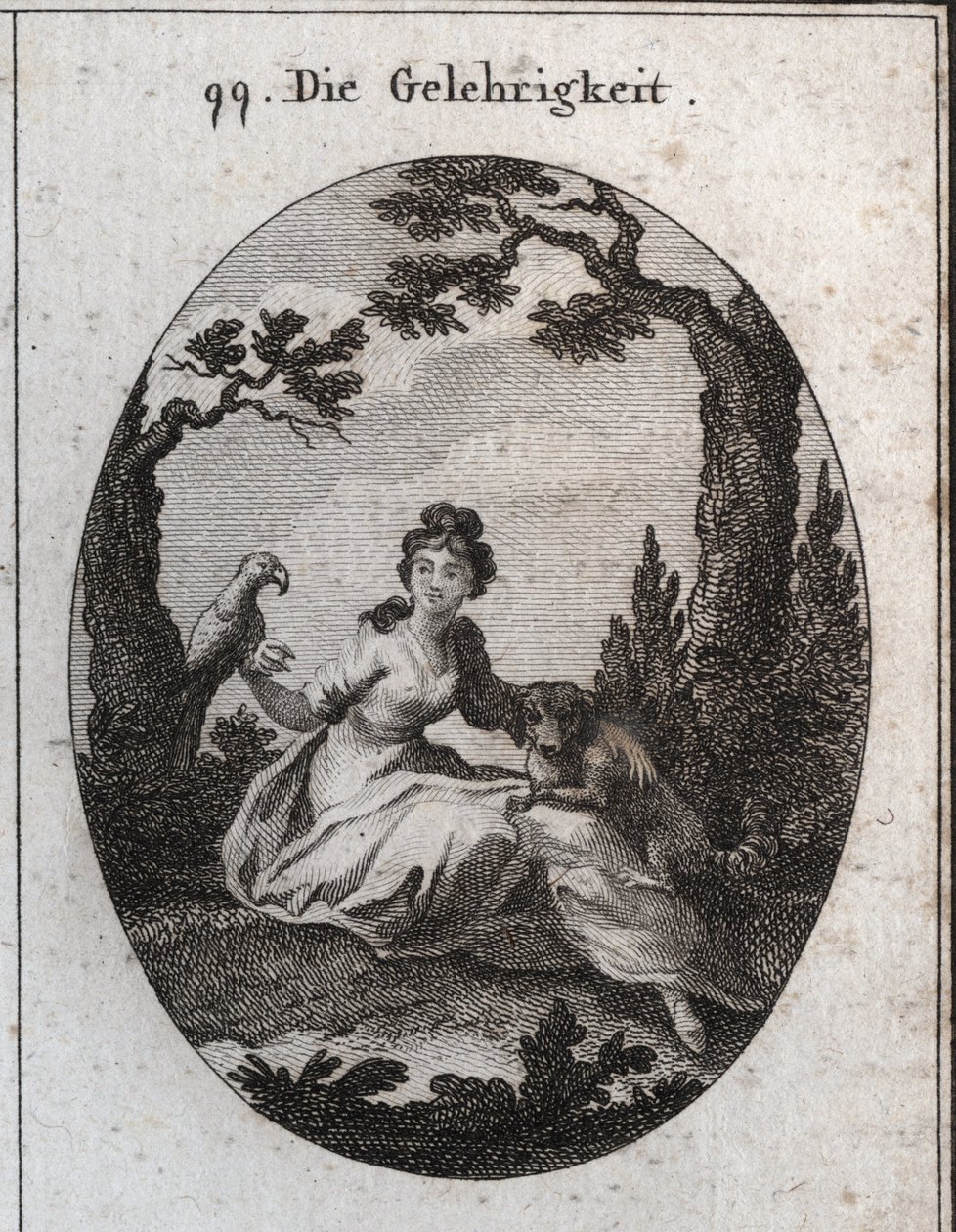Allegorie van de volgzaamheid. Zijn attributen zijn de parkiet en de kleine hond vanwege hun gehoorzaamheid en verlangen om te behagen. Gravure in 