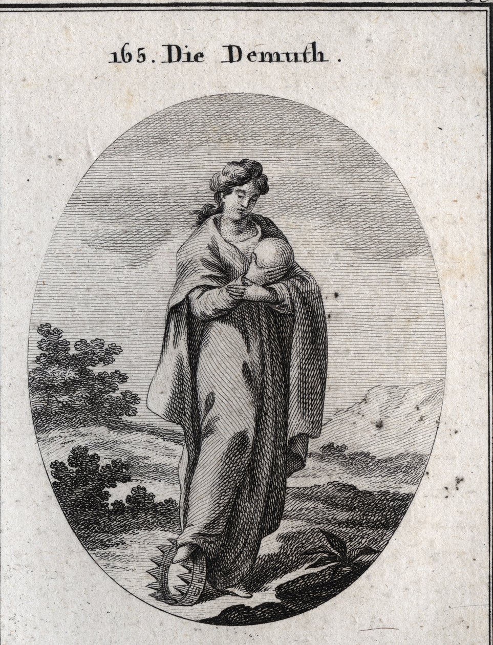 Allegorie van nederigheid. Onder haar voet een gouden kroon verrijkt met edelstenen. Ze veracht een bal die de aarde voorstelt waarvan ze de grootheid mist. Gravure in 