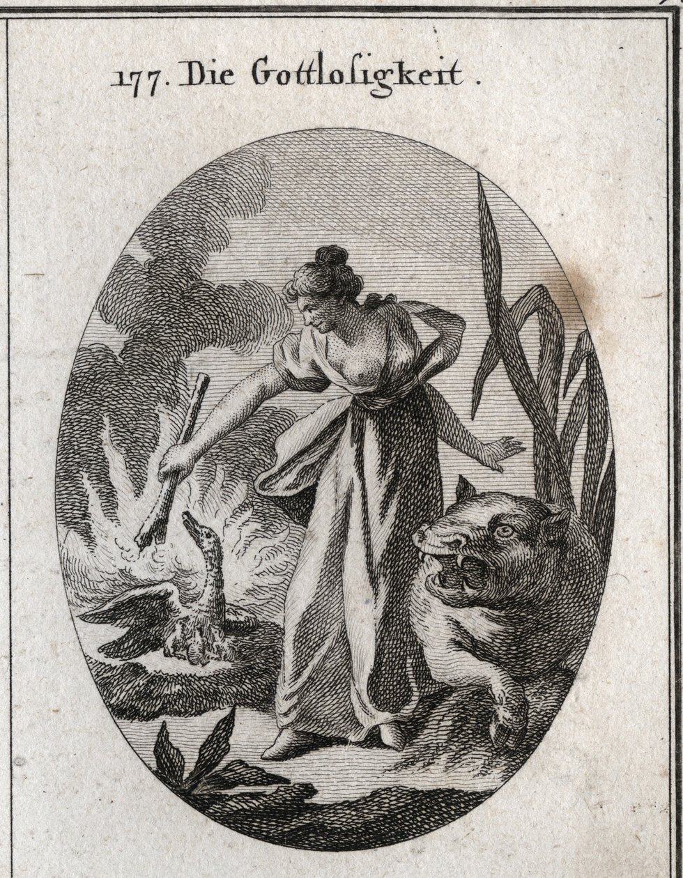 Allegorie van goddeloosheid. Gravure in "Iconologie oder Ideen aus dem Gebiete der Leidenschaften und Allegorien bildich dargestellt fur Zeichner, Mahler" door Austrian School