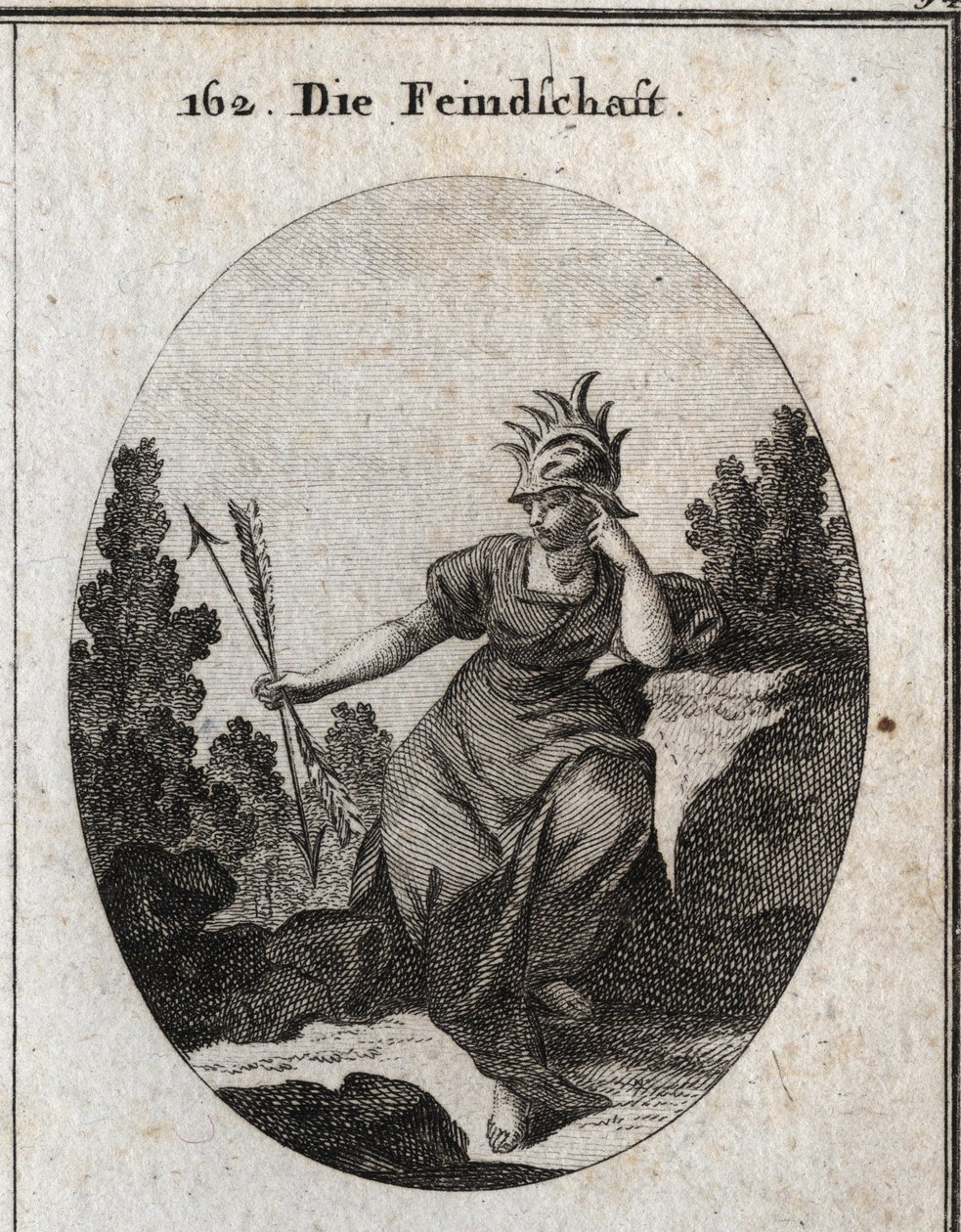 Allegorie van vijandschap met een helm versierd met ijzeren punten. Haar jurk is bezaaid met vlammen. De twee pijlen die ze vasthoudt zijn synoniem met tegenspraak. Gravure in 