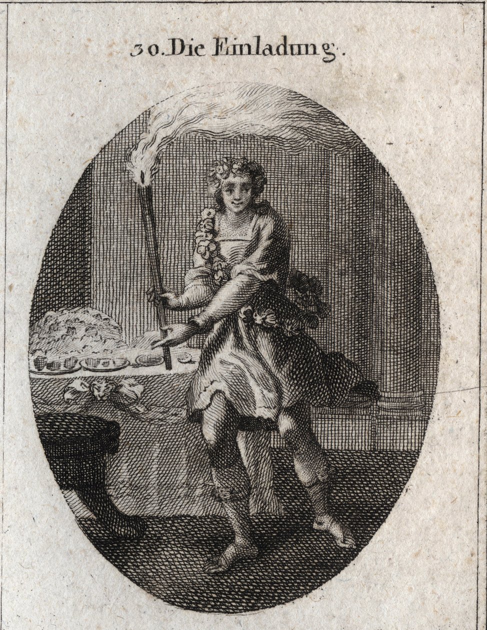 Allegorie van de uitnodiging als een jonge man met een lachend gezicht die uitnodigt aan een tafel bedekt met gerechten. De fakkel die hij vasthoudt is het attribuut van Comus, god van feesten en nachtelijke partijen. Gravure in 