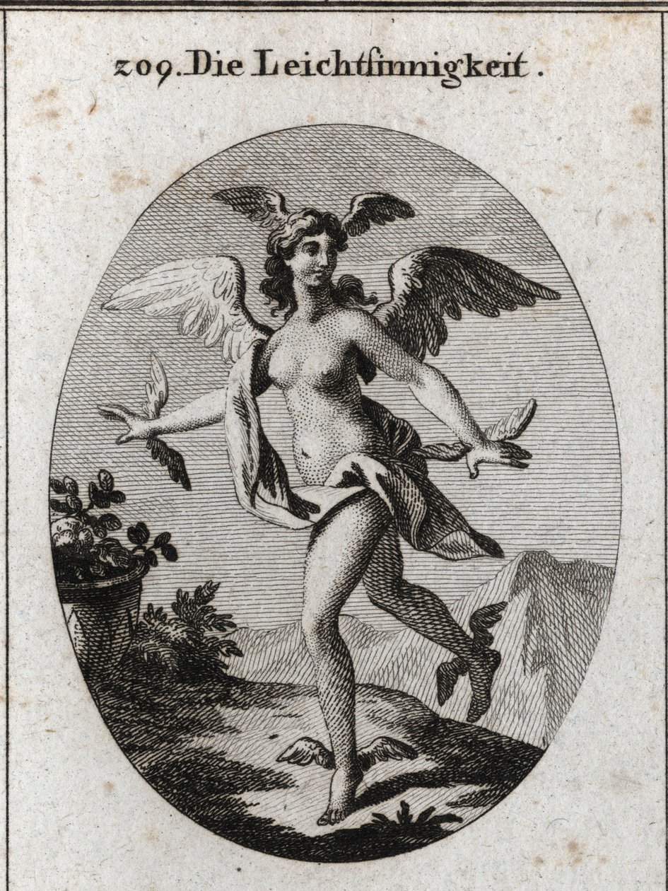 Allegorie van het licht. Ze heeft vleugels op haar hoofd, schouders, voeten en handen. Gravure in 