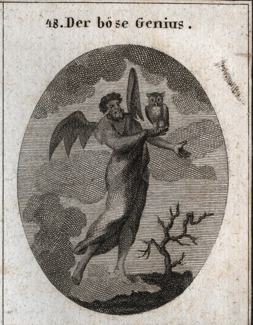Allegorie van de tegenstrijdige geest voorgesteld door een slechte geest met vleermuisvleugels en een uil vasthoudend, vogel van slechte voortekenen. Gravure in 