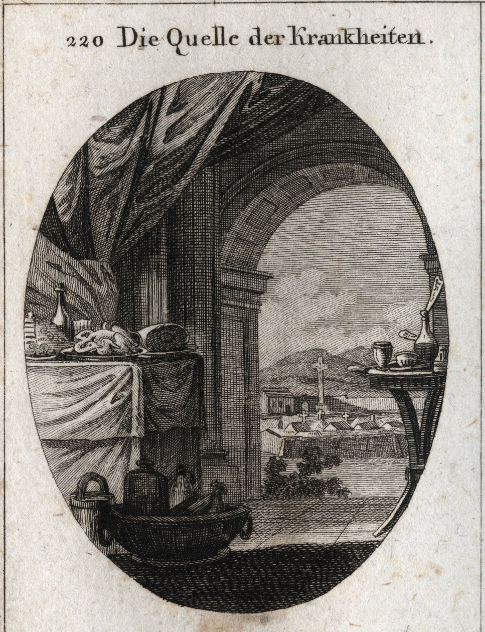 Allegorie van de oorsprong van ziekten. Seneca, die de overdaad van de traktaties van zijn tijd haatte, zei op een dag: 