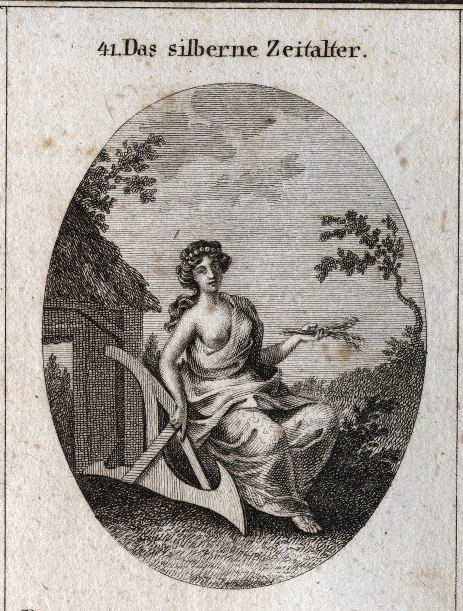 Allegorie van het zilveren tijdperk met een handvat van aren om het land te bewerken en hout om hutten te maken. Gravure in Iconologie oder Ideen aus dem Gebiete der Leidenschaften und Allegorien bildich dargestellt fur Zeichner, Mahler, Dichter, Gelehrte door Austrian School