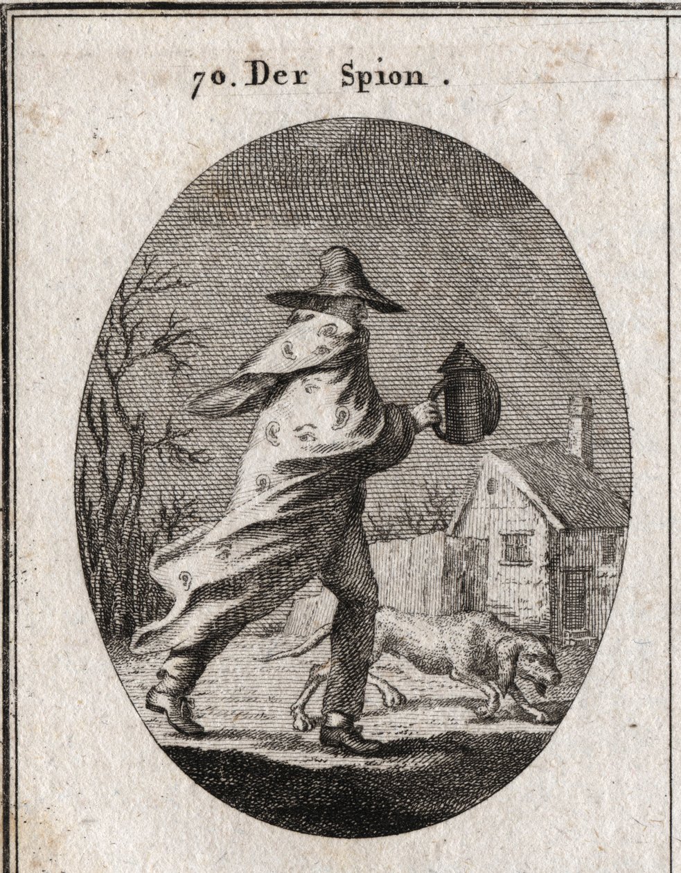 Allegorie van de spion. Zijn jas is bezaaid met ogen en oren en hij houdt een doof lantaarn vast. Een brakke hond ruikt het terrein. Gravure in 
