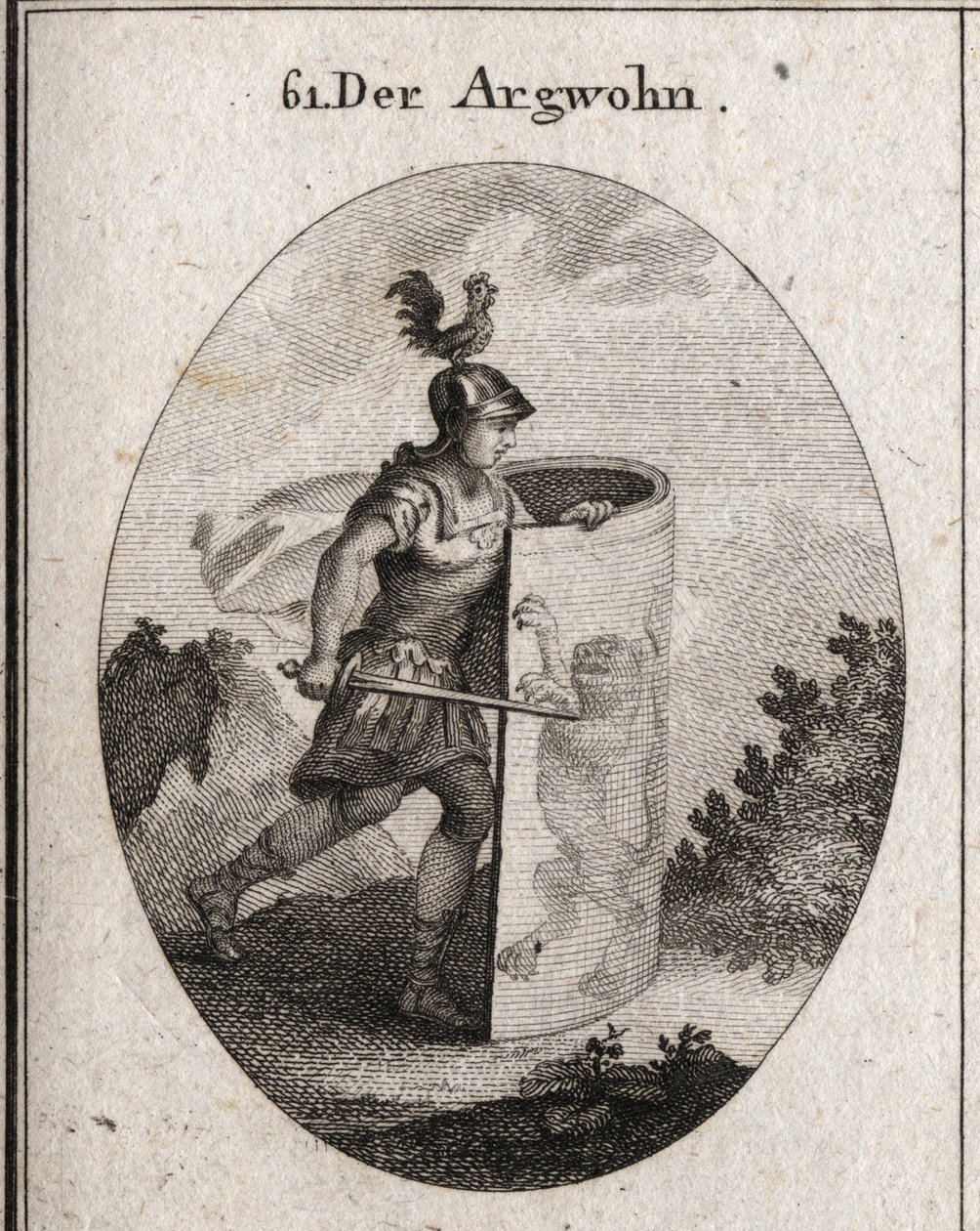 Allegorie van achterdocht verschuilt zich achter een schild waarop een leeuw staat, symbool van achterdocht volgens Aristoteles, en een haan op de helm die waakzaamheid vertegenwoordigt. Gravure in 