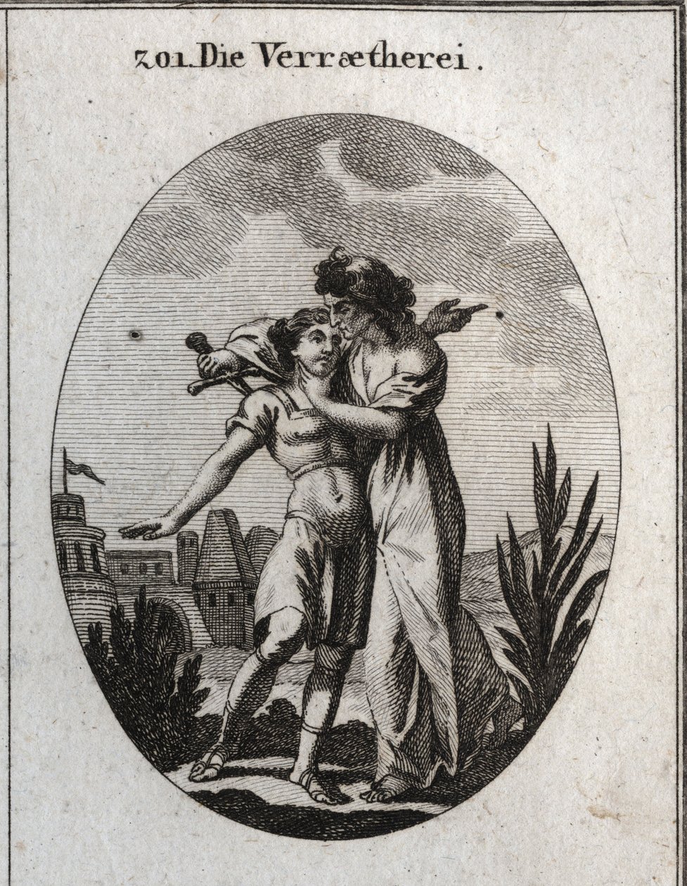 Allegorie van verraad. Een afschuwelijke oude vrouw streelt een knappe jonge man en bereidt zich tegelijkertijd voor om hem te steken. Gravure in 