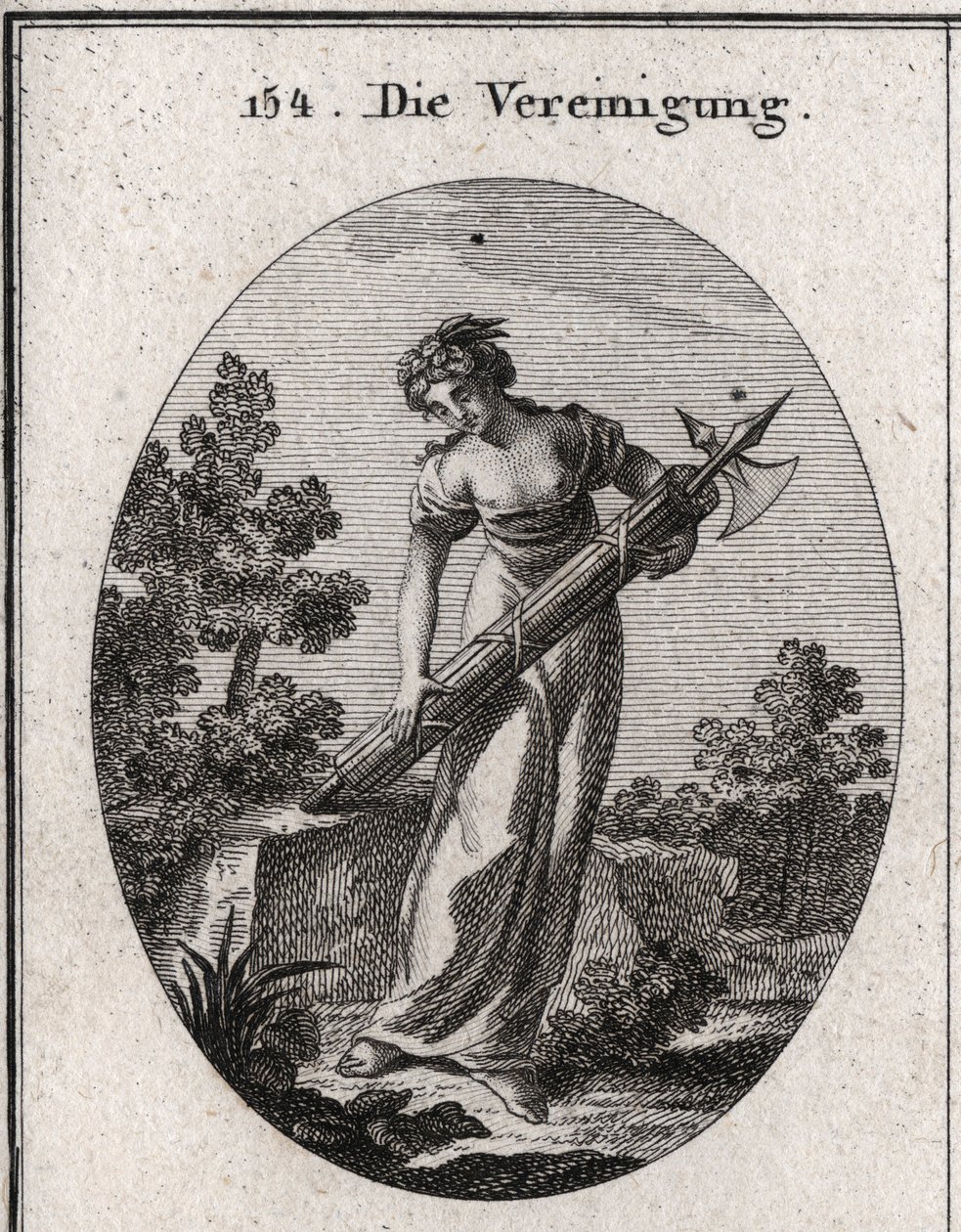 Allegorie van eenheid. Gekroond met olijfboom symbool van vrede, en vreugde die allegorie vertegenwoordigt. Het stroomt op een bundel strak gebonden stokken zonder de afbeelding van kracht en eenheid te buigen. Gravure in 