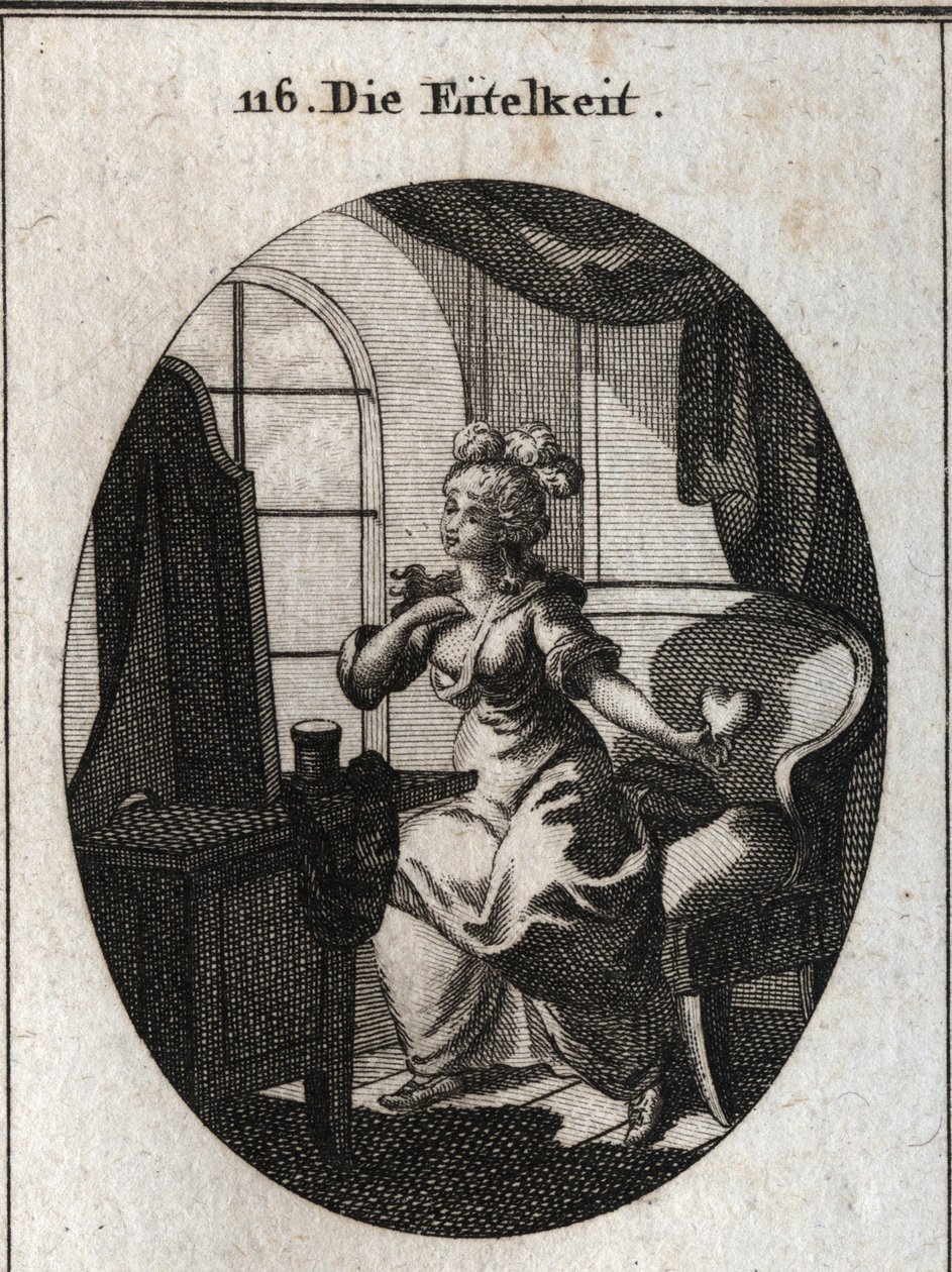 Allegorie van ijdelheid. Verlangend om te behagen en beschouwd te worden, wordt ze afgebeeld voor haar toilet terwijl ze zichzelf vleit voor de spiegel met een hart in haar hand. Gravure in 