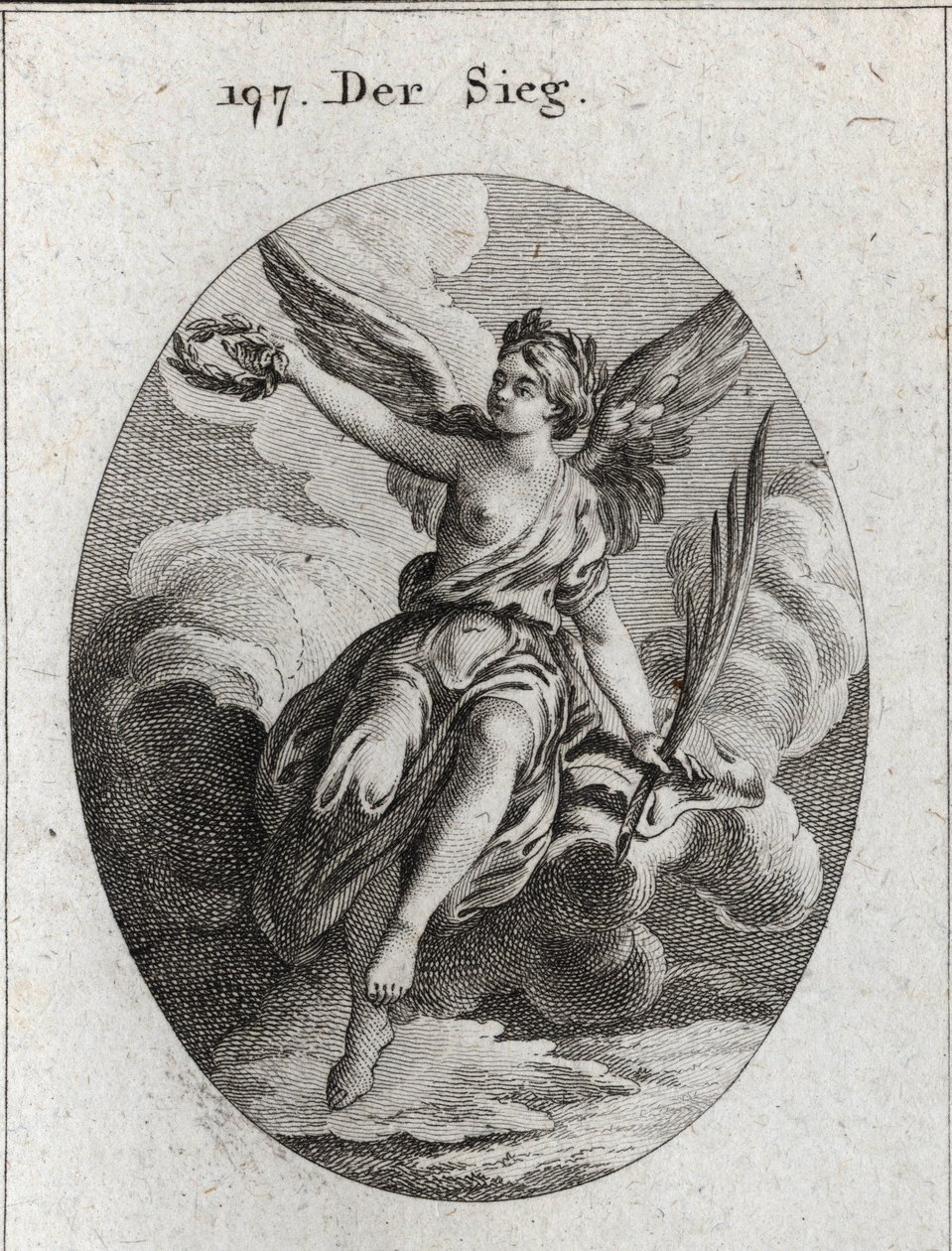 Allegorie van overwinning. Ze heeft vleugels en houdt een palm en een lauwerkrans vast. Gravure in "Iconologie oder Ideen aus dem Gebiete der Leidenschaften und Allegorien bildich dargestellt fur Zeichner, Mahler, Dichter, Gelehrte, Erzieher und freunde Ho door Austrian School