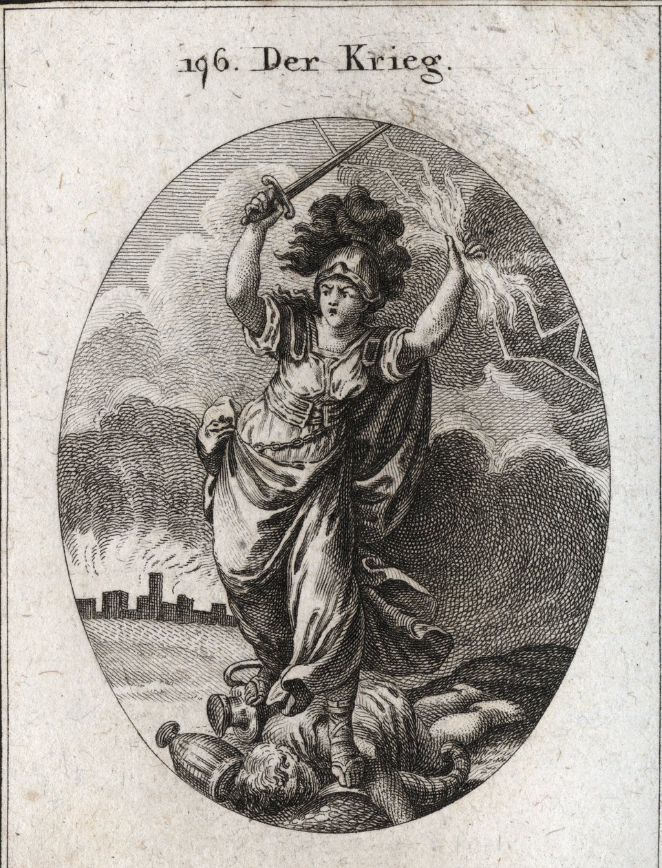 Allegorie van oorlog. Ze houdt een bliksem en een naakt zwaard vast en breekt onder haar voeten gouden en zilveren vazen en een standbeeld van de god Plutus dat wordt gesymboliseerd door een hoorn van overvloed en een blinddoek. Onderaan de muren van een v door Austrian School