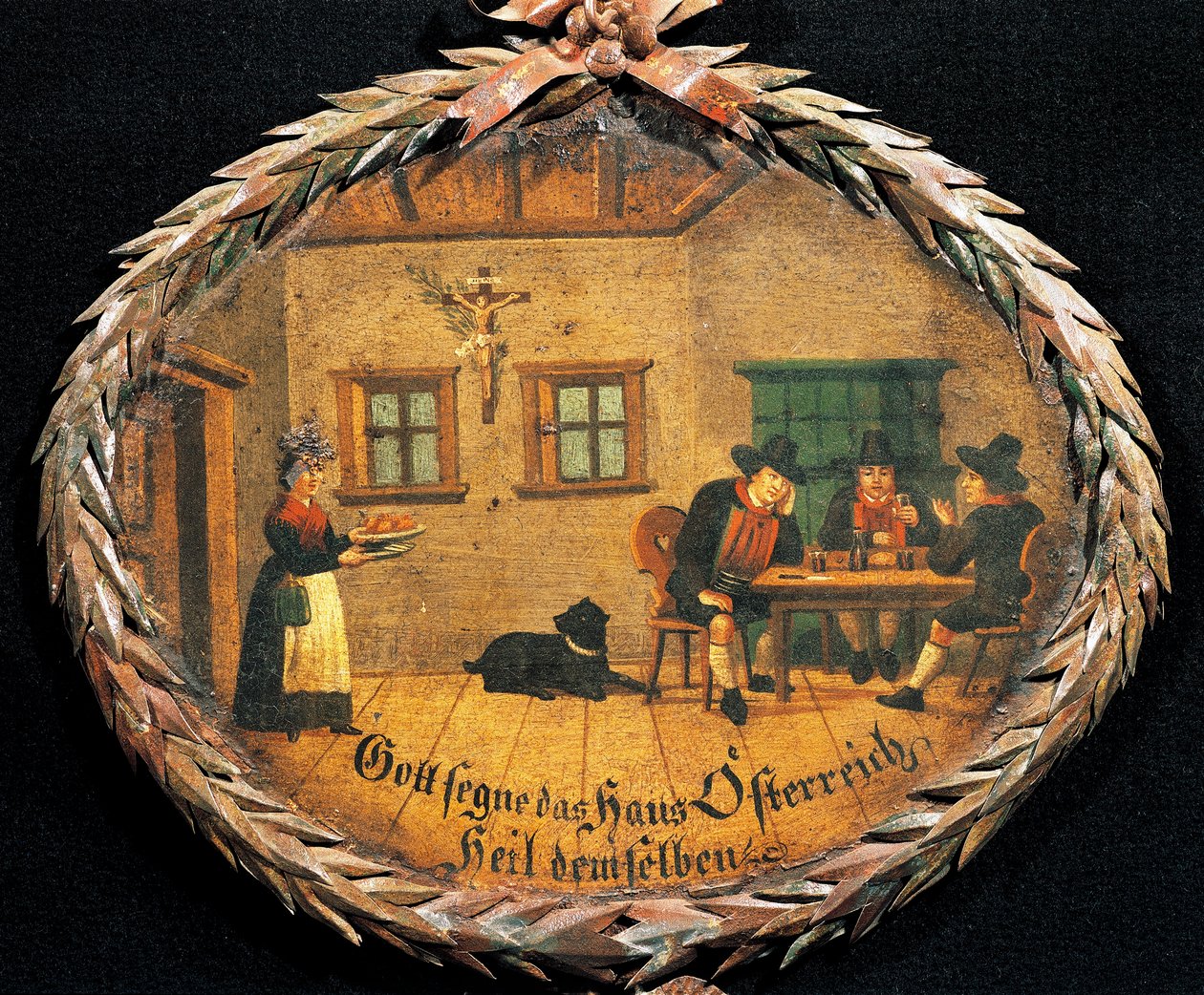 Klanten zittend aan tafel in herberg en serveerster, ovaal bord voor herberg, Oostenrijk door Austrian School