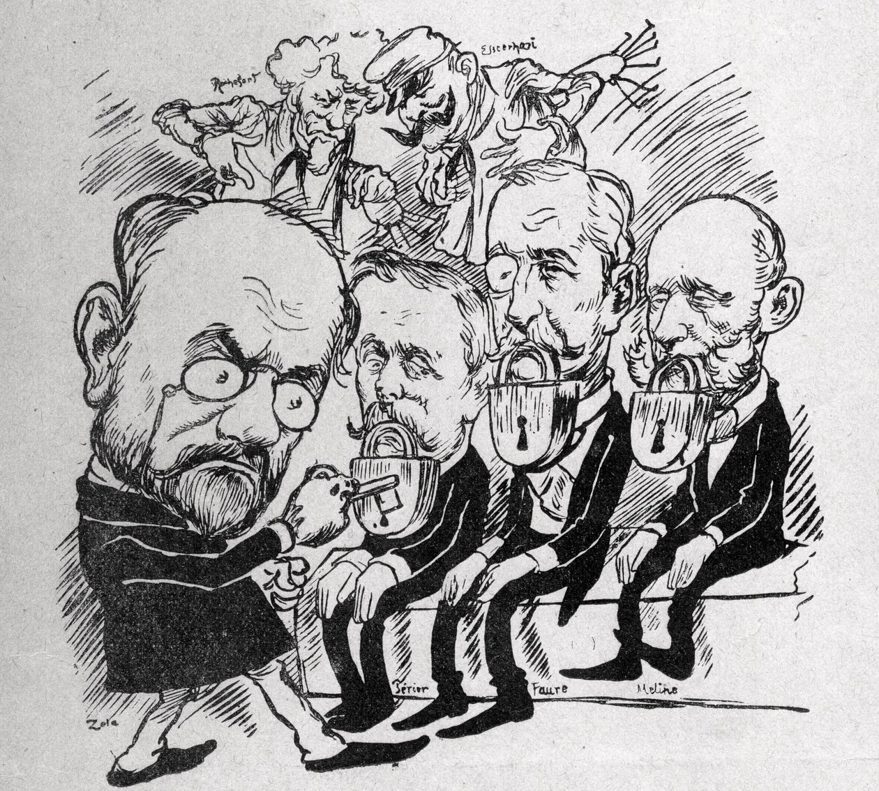 Emile Zola probeert de sloten te ontgrendelen die de monden van presidenten Jean Casimir-Perier en Felix Faure sluiten, evenals die van president van de Raad Jules Meline, terwijl op de achtergrond Henri Rochefort spreekt door Austrian School