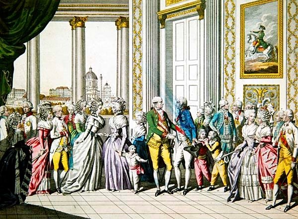 Keizer Leopold II en zijn familie verwelkomen Ferdinand I, Koning van Napels en Sicilië en zijn familie in Wenen door Austrian School