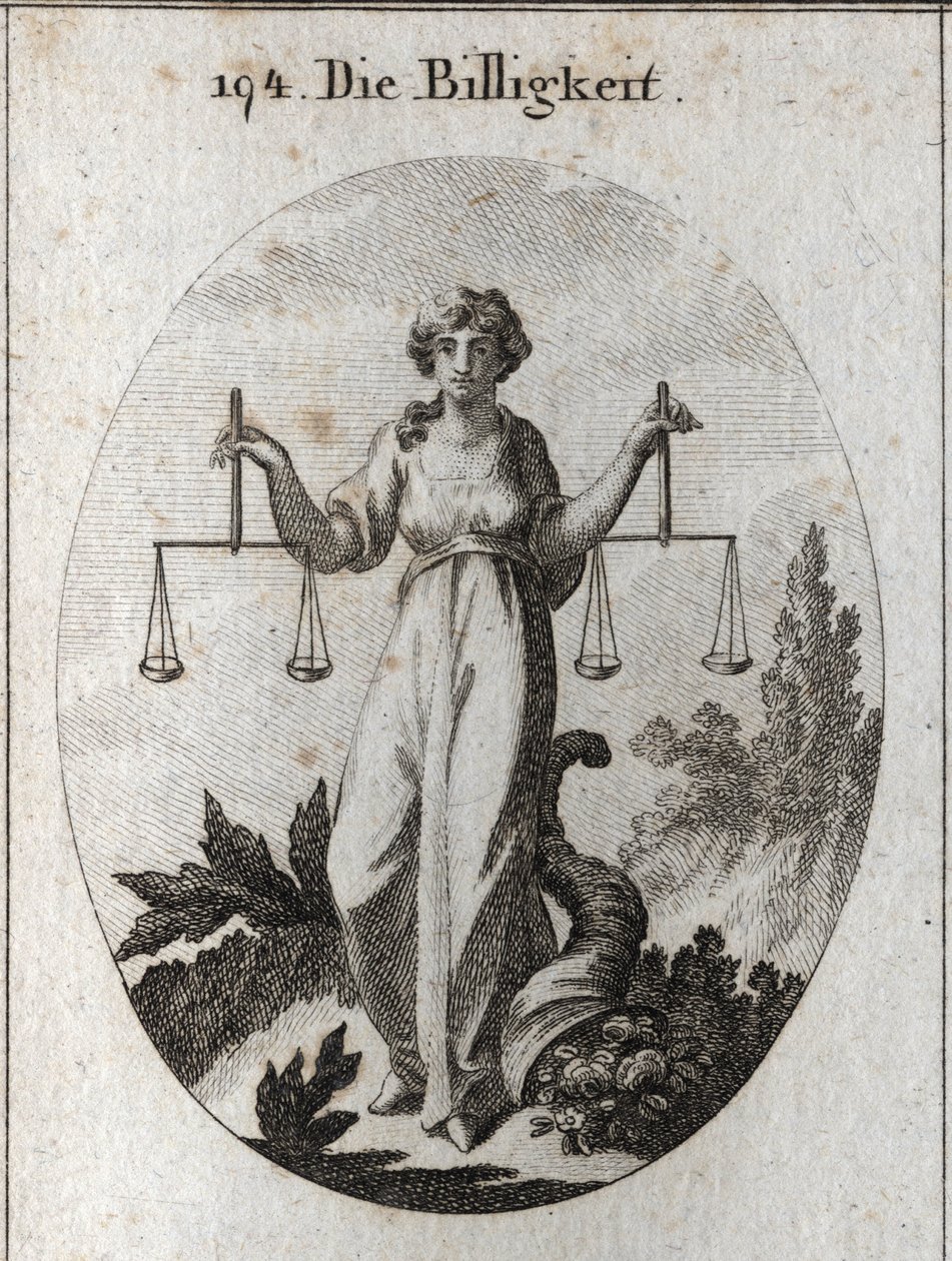 Allegorie van rechtvaardigheid die twee schalen op dezelfde hoogte houdt. Haar attribuut is de hoorn des overvloeds om te laten zien dat ze met goedheid beloont na rechtvaardig te hebben geoordeeld. Gravure in 