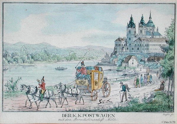 Keizerlijke Oostenrijkse postkoets voor de abdij van Melk aan de Donau, begin 19e eeuw door Austrian School