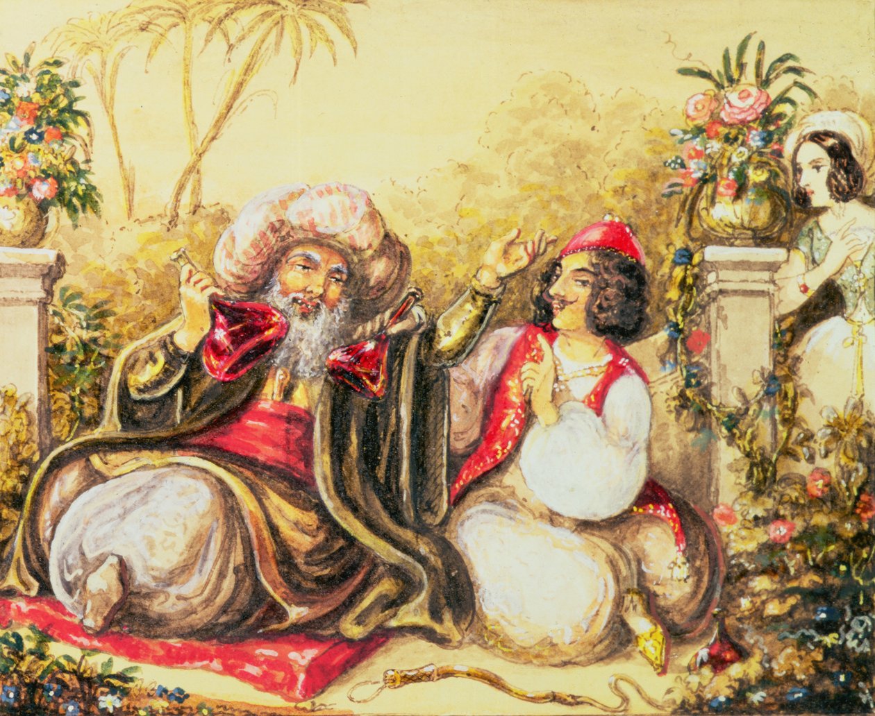 Pedrillo geeft Osmin drank, terwijl Blonda op de achtergrond wacht, scène uit Act II, uit 