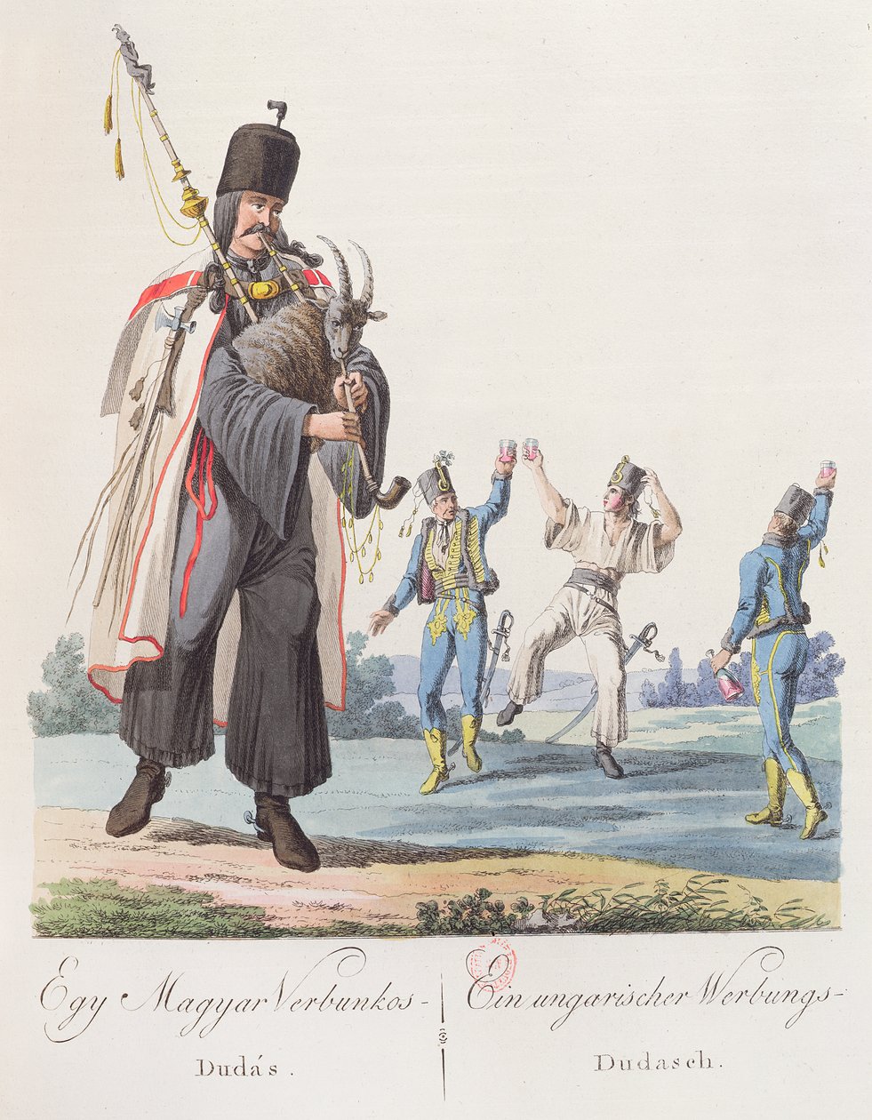 Soldaten van een Hongaars regiment voeren een rekruteringsdans uit, illustratie uit een boek Costumes de Hongrie, gepubliceerd in Wenen, 1810 door Austrian School