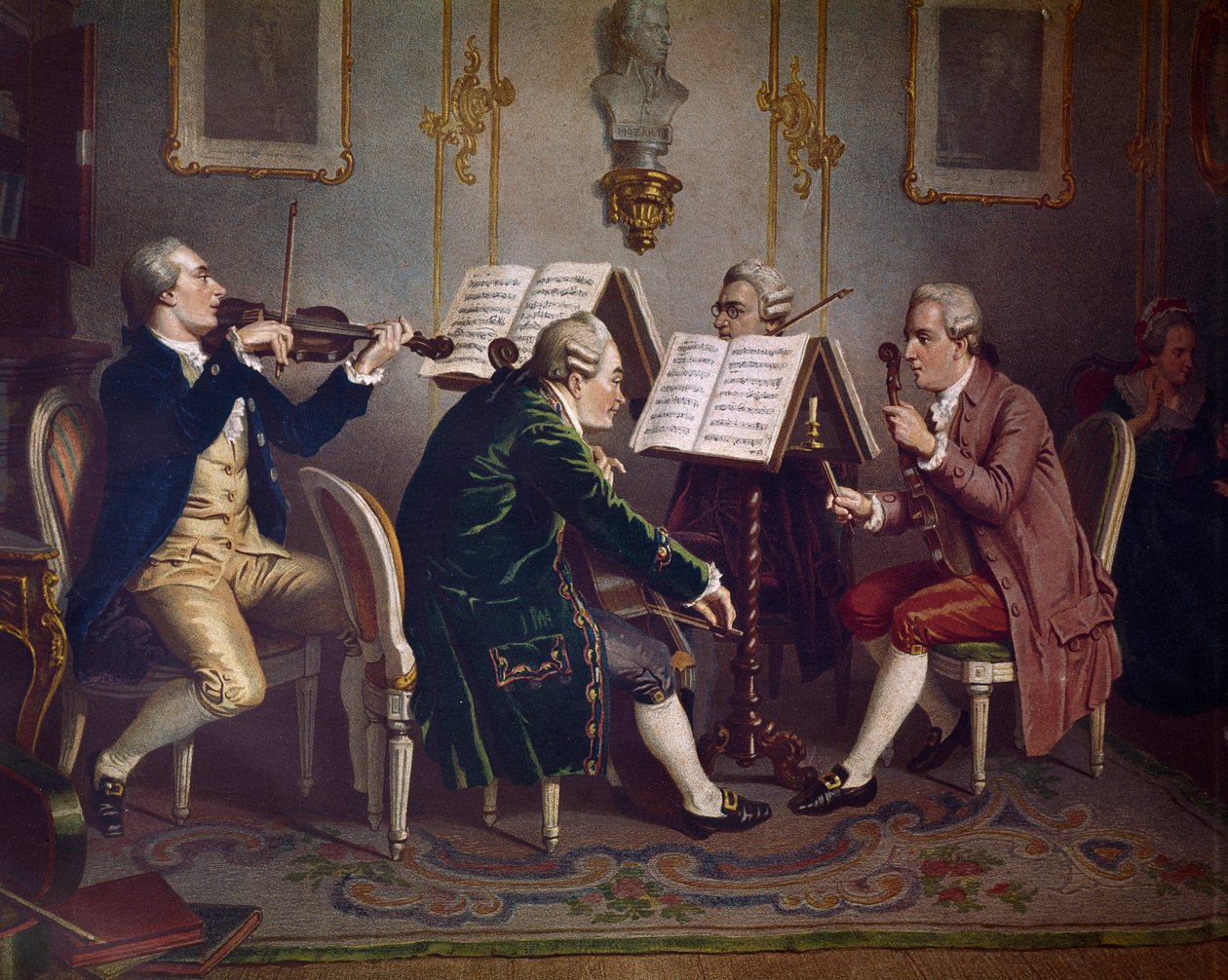Strijkkwartet speelt een werk van Mozart (Kamermuziek) (Lithografie) door Austrian School