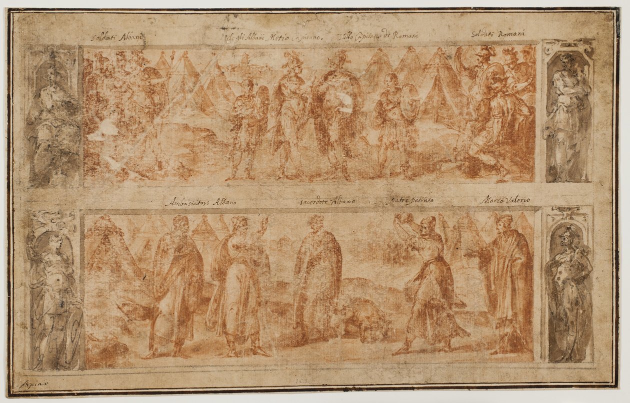 Twee frieses, de een boven de ander, met scènes uit de vroege geschiedenis van Rome door Avanzino Nucci