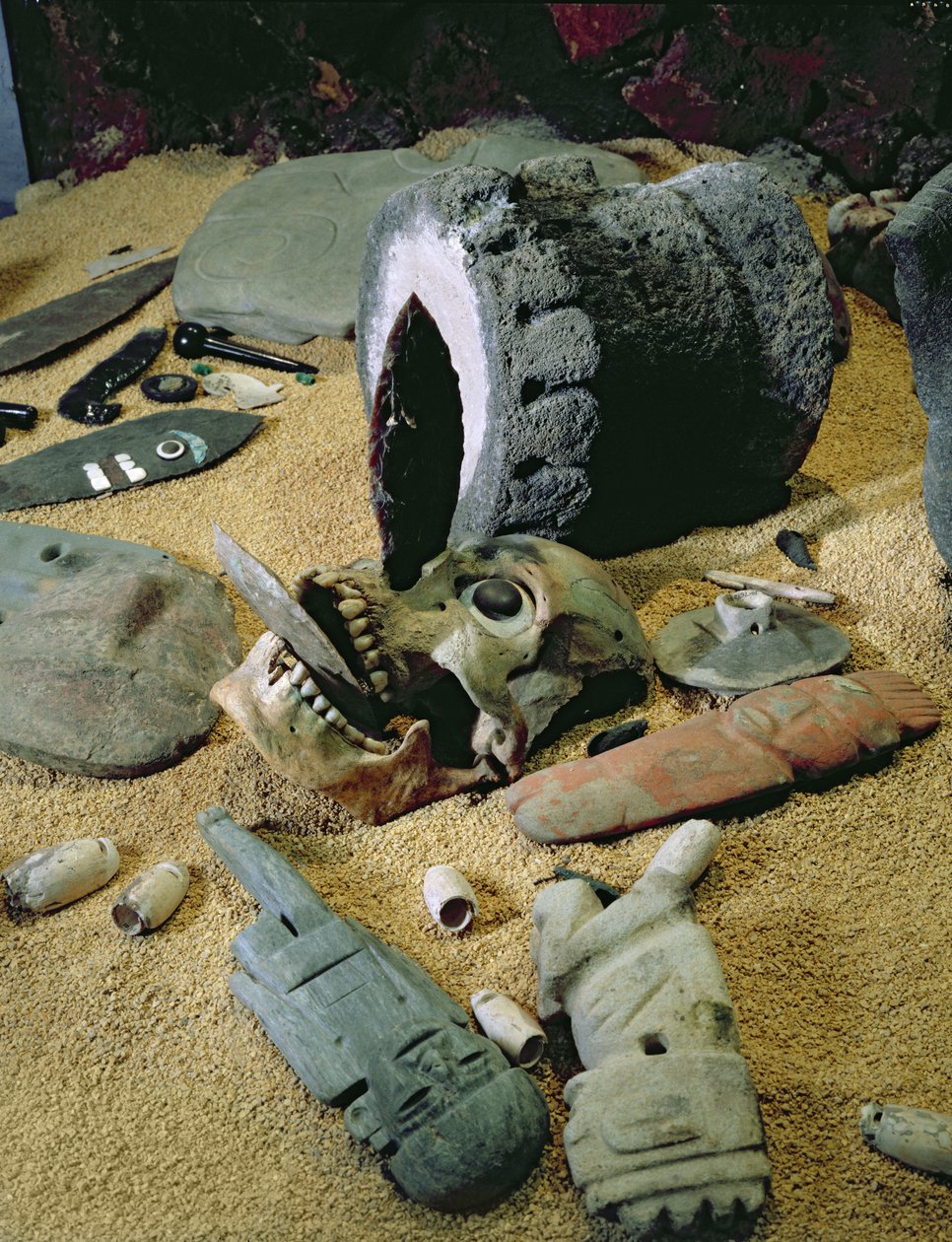 Azteekse rituele objecten uit de zuidoostelijke hoek van de Templo Mayor en gedateerd op 1469-81 door Aztec